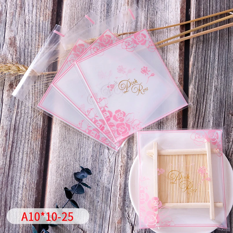 50pcs/lot Romantic Pink Rose Frame Soap Cookie Cellophane Bag Candy White Frosted Bakery Homemade Baby Shower Sugar Goodie Bags