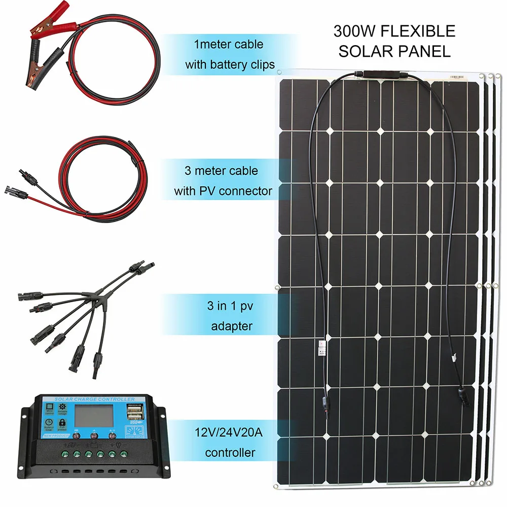 Zonnepaneel Kit 12V Flexibele 100W 200W 300W Zonnepanelen Met Solar Controller Voor Boot Auto rv En Acculader - afbeelding 1