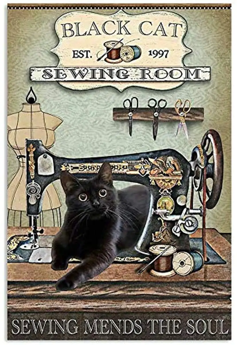 Cat Sewing Room Sewing Mends Vintage Poster Metal s Iron Painting Plaque Wall Decor Bar Cat Club Novelty Funny Bathroom Toilet P