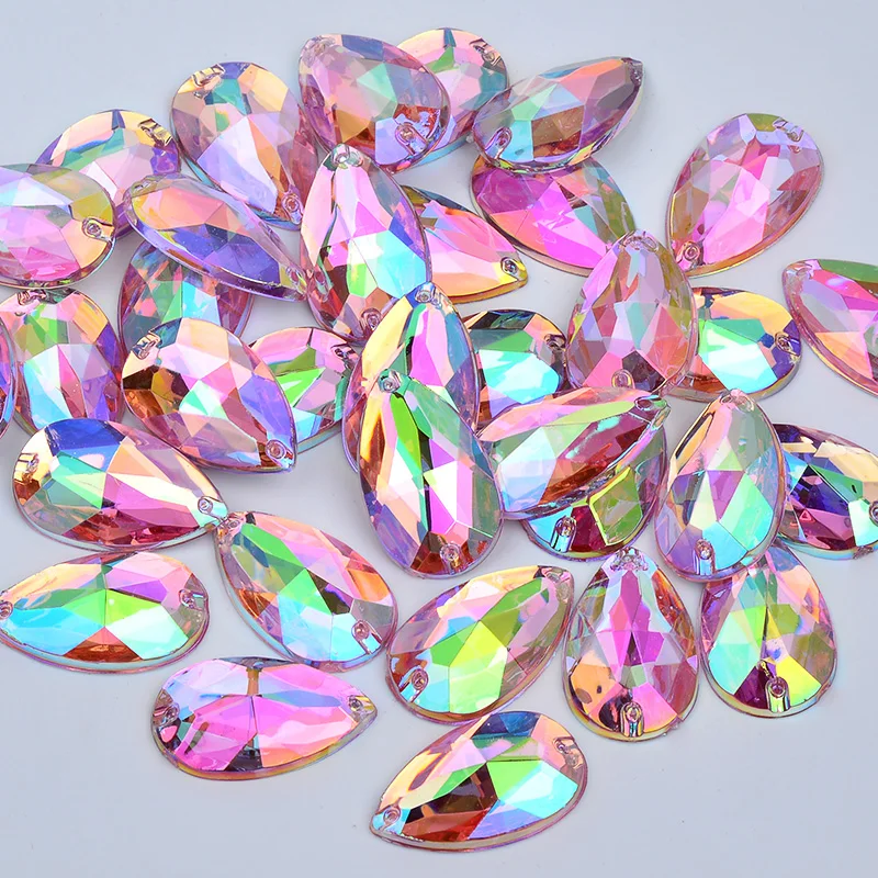 JUNAO 100pc 17x28mm Aquamarine AB Teardrop Sewing Rhinestone Applique Glitter Sew On Acrylic Stone For Wedding Dress