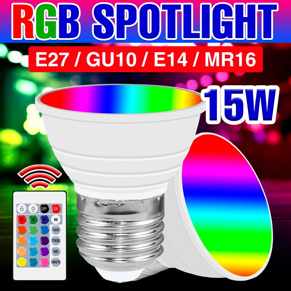 

GU10 RGB светодиодные лампы 110V светильник 220V Светодиодная лампа E27 Точечный светильник E14 Цвет лампочки 15 Вт круглый лампы MR16 Bombilla Крытый Смарт Управление светильник