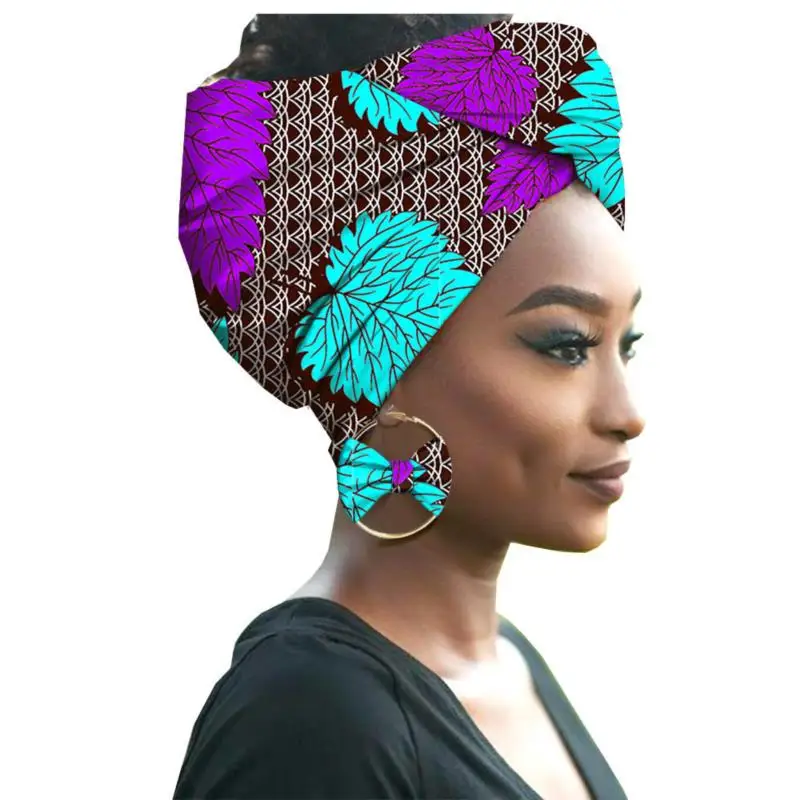 African Print Women Head Bandana Cotton With Matching earring Balaclava Headscarf Bandana Mujer Headband Set Hair Accessories