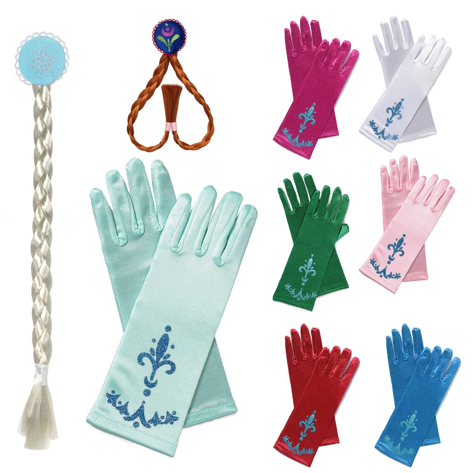 Frozen Gloves Braid Elsa Wig Snowflake Printed Satin Kids Princess Gloves for Cospaly Anna Dresses Aurora Cinderella