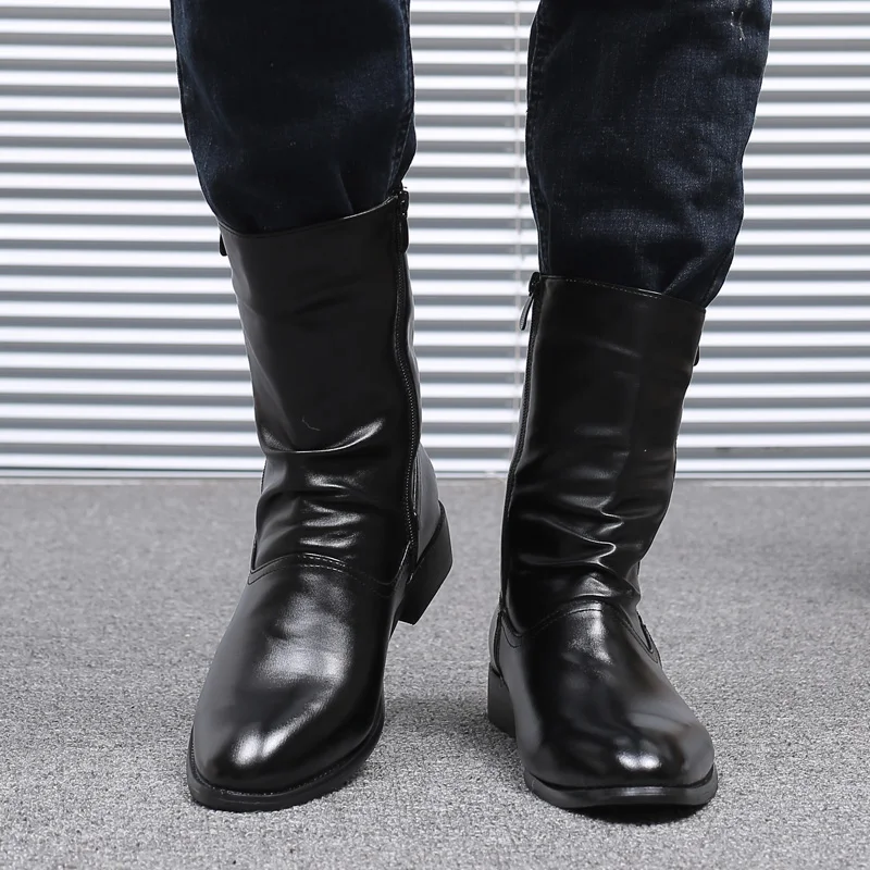 new fashion mens nightclub motorcycle mid-calf high boots cow leather shoes autumn winter long botas masculina calzado hombre