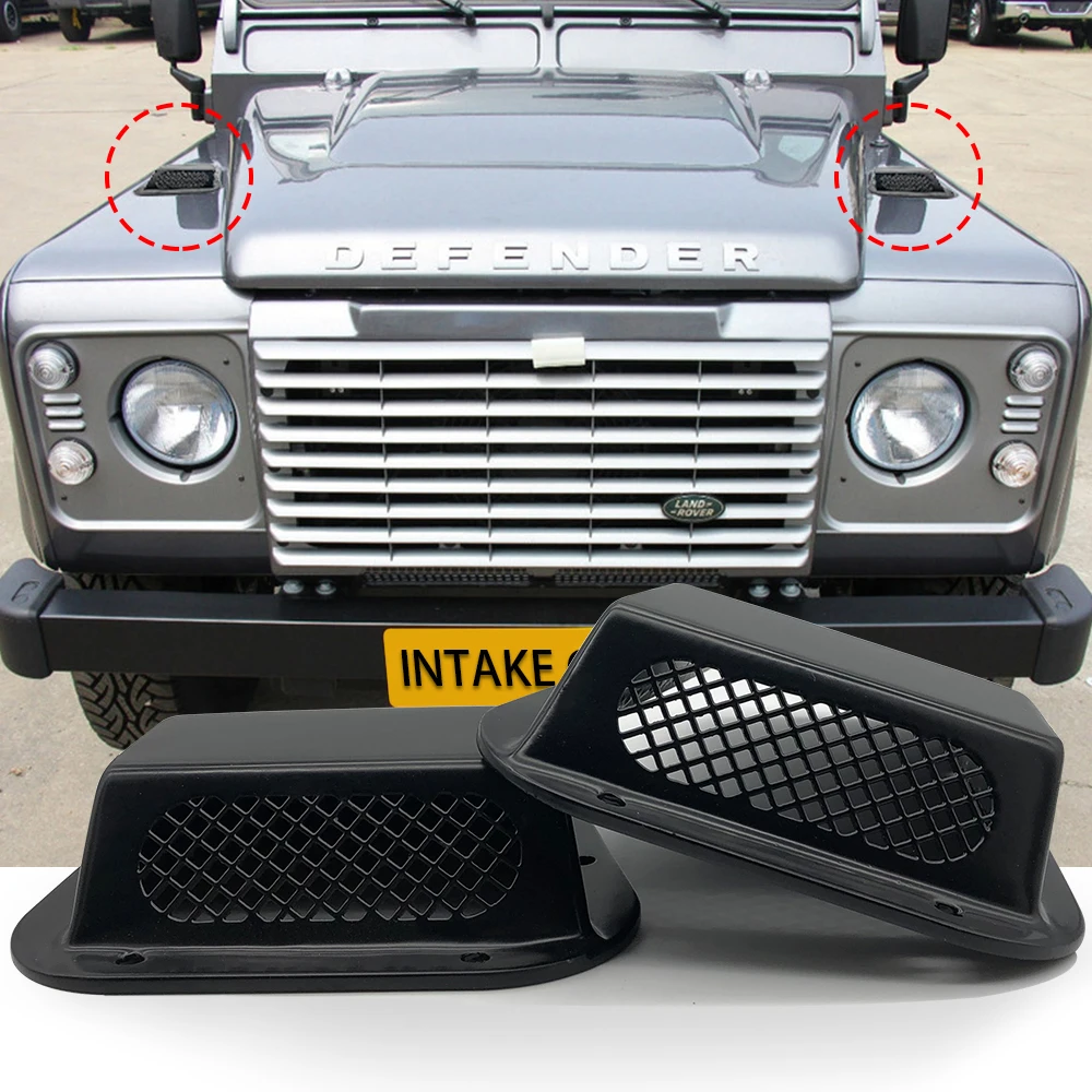 2 pcs car decorative front hood bonnet side trim cover steel air flow intake scoop vent snow cover for Land Rover Defender