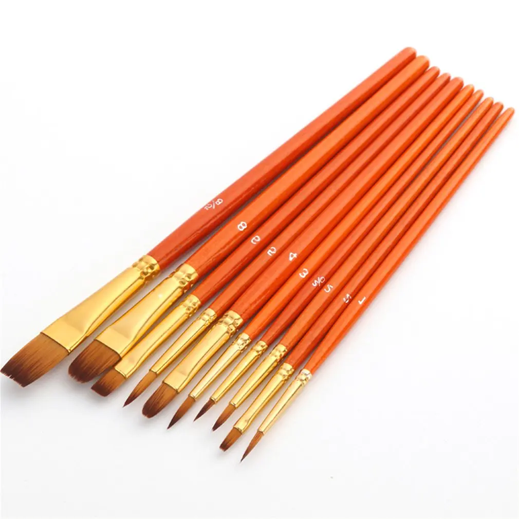 10 Buah/Set Kuas Cat Guas Cat Air Set Kuas Lukis Rambut Nilon Ujung Runcing Bulat Bentuk Berbeda Tanpa Kotak