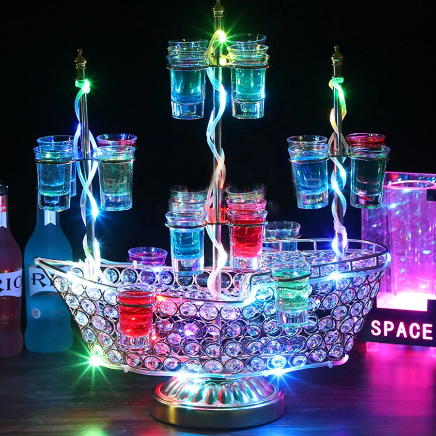 Imagem -03 - Led Recarregável Barco Forma Vinho Titular Cocktail Cup Titular Bandeja Stand Serviço Vip Shot Glass Display Wine Glass Rack Decor 24 Buracos