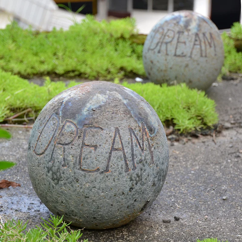 Vintage Home Garden Decor Pottery Clay Stone Ball With Dream Sign On Outdoor Stone Dream Ball Plaques