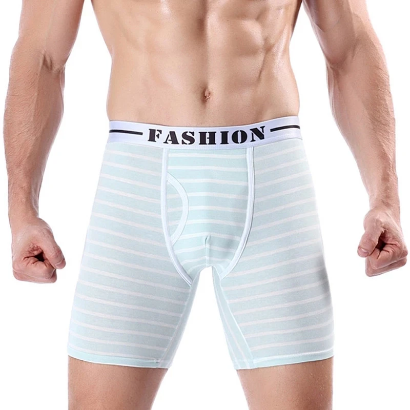 Plus Size Men Stripe Long Leg Boxers Mens Running Fitness Boxer Shorts Cotton Breathable Comfortable Male Underpants Cueca Homme