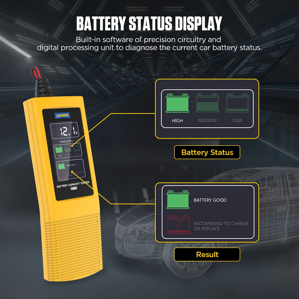 AUTOOL BT70 Automotive Battery Tester Power Monitor Car Battery Capacity Analysis 12V 100 to 2000CCA Charging Circut Tester