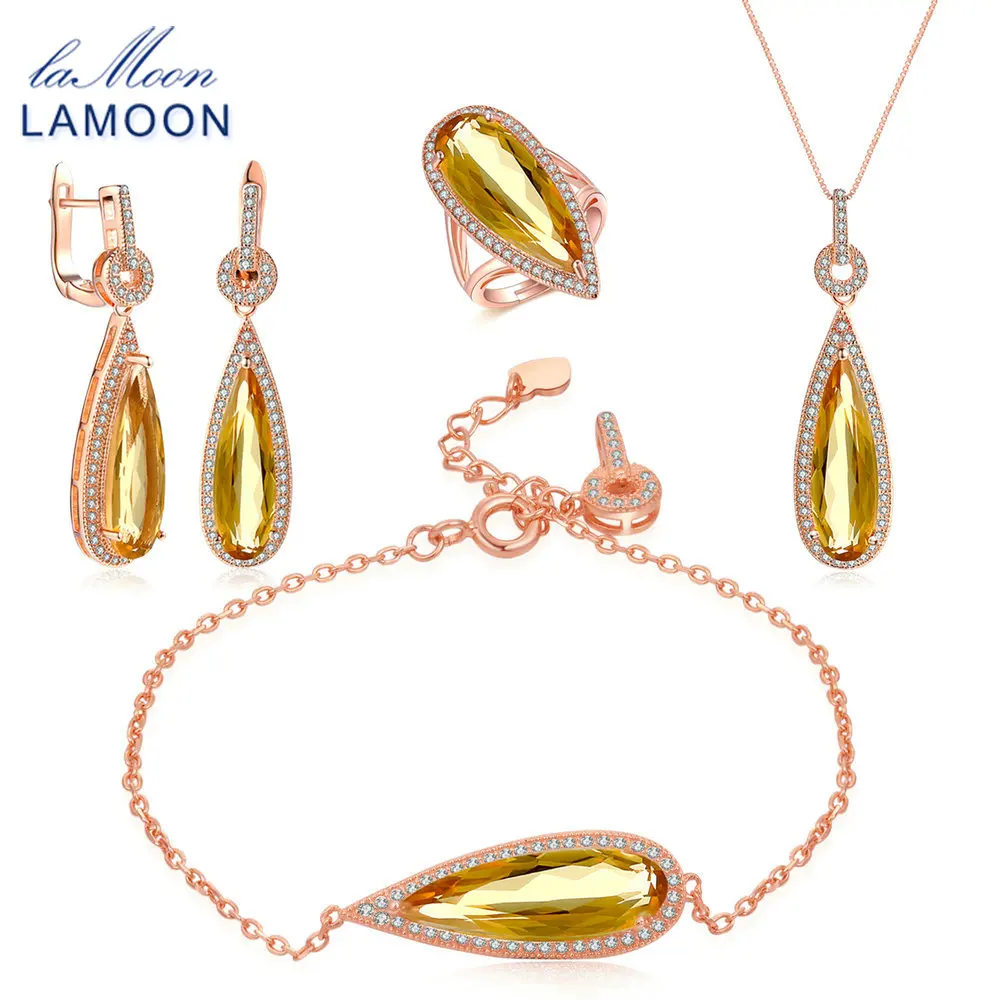 

LAMOON Sterling Silver 925 Jewelry Sets Big Citrine Gemstone 18K Rose Gold Fine Jewelery Luxury Designer Jewelry For Wome V047-1