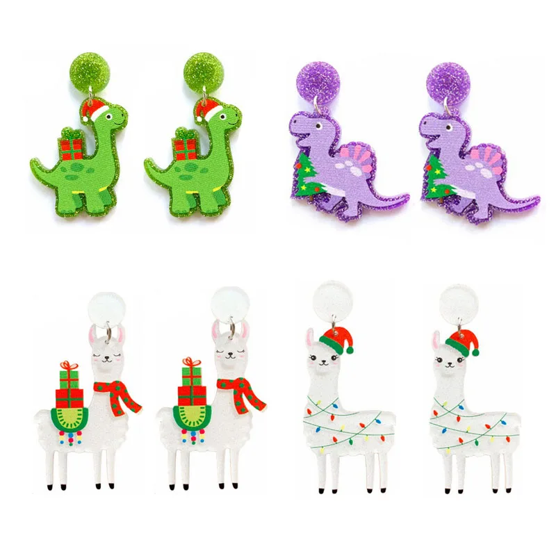 Donarsei Cute Cartoon Animal Christmas Earrings For Women Funny Xmas Dinosaur Alpaca Drop Earrings Gift