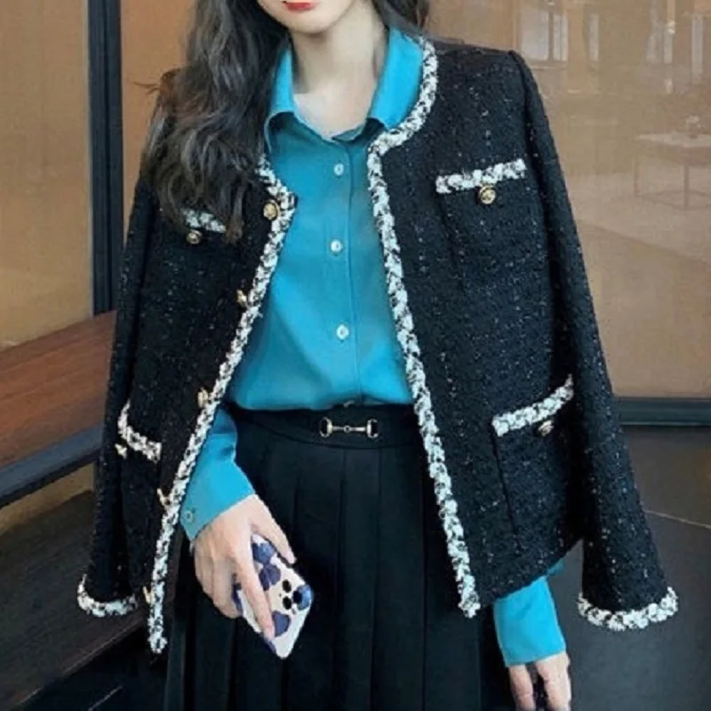 Woman's Outwear Desinger Coat Tweed Jacket O-Neck OL Open Stitch Patchwork Ins Elegant High Street Office Lady Vintage Business