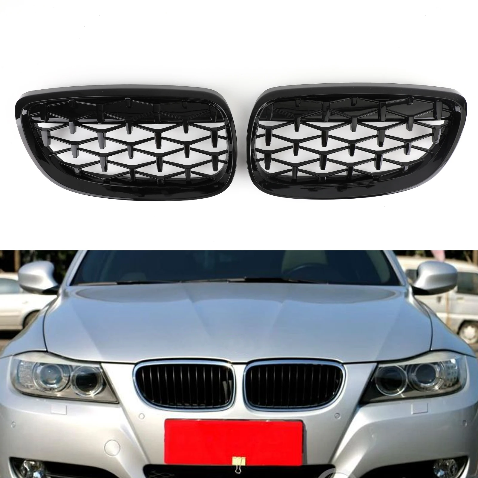 Areyourshop Front Kidney Grille Grill for BMW E92 E93 328i 335i 2DR Pre-Facelift 2007-2010 Meteor Black 51137157277 51137157278