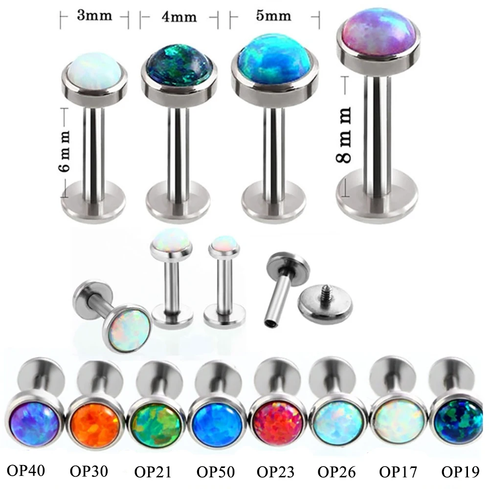 40Pcs/Box Surgical Steel Opal Stone Ball Monroe Lip Labret Ear Stud Ring Internally Thread Cartilage Piercing Body Jewelry 16G