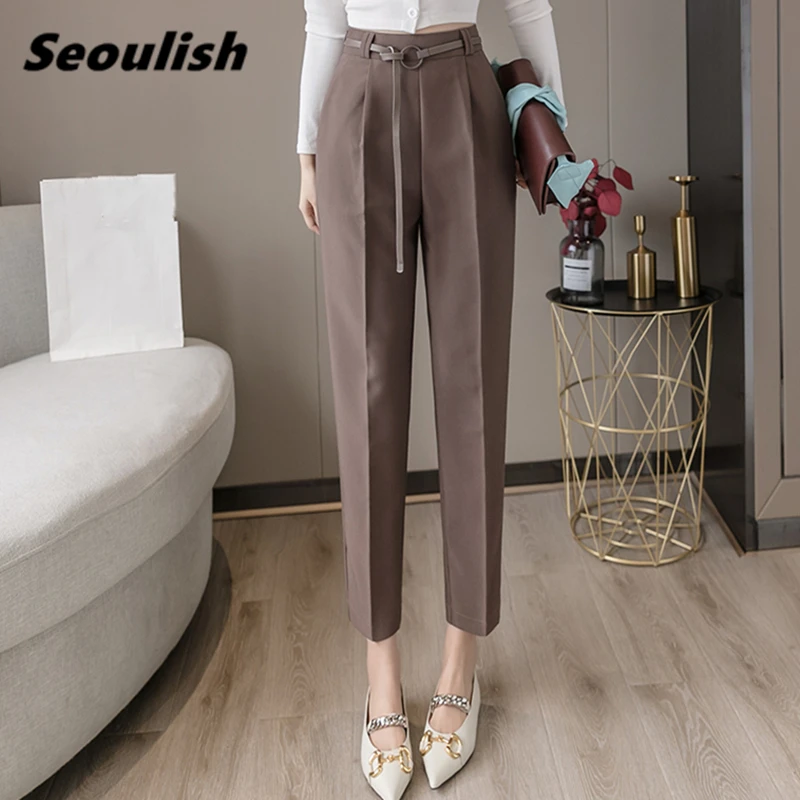 

Seoulish Formal Women's Harem Pants with Belt Spring Summer High Waist Female Workwear Elegant Ankle Length Trouses 2021 New