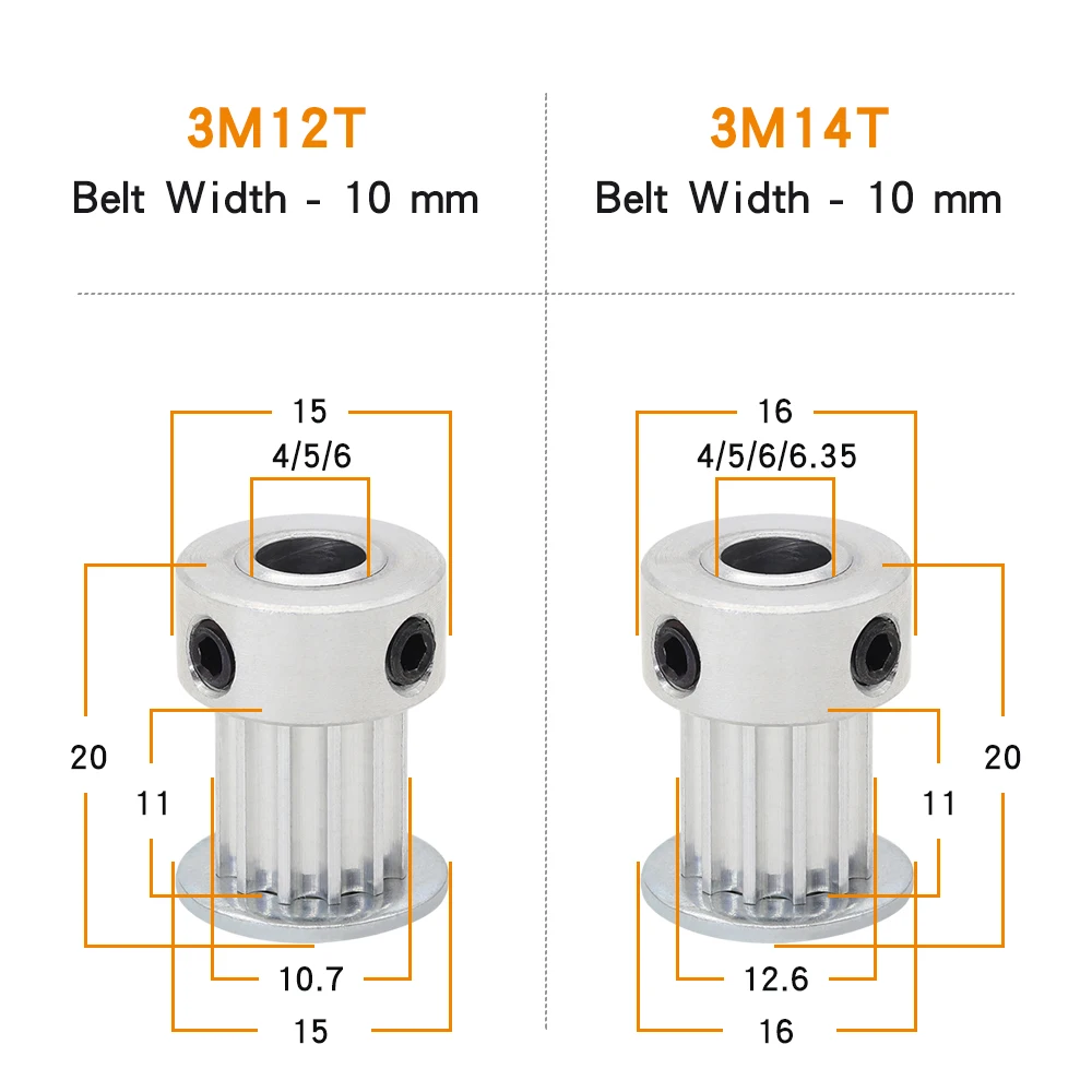 3M-12T/14T Timing Belt Pulley Bore Size  4/5/6/6.35 mm Alloy Pulley Teeth Pitch 3.0 mm K Shape For Width 10 mm 3M Timing Belt