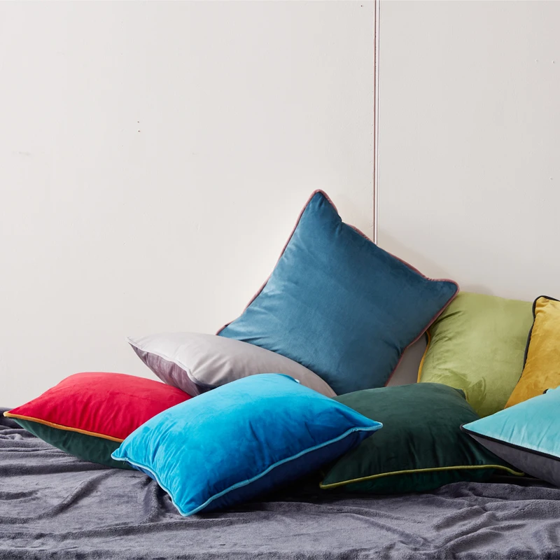 3 Colors Stitching Velvet Cushion Cover Green Red Yellow Blue Gray Piping Sofa Chair Pillow Case No Balling-up Without Stuffing