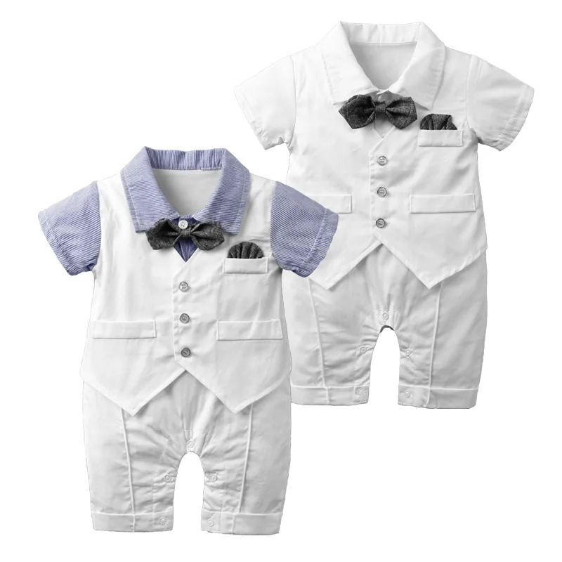 

Gentleman Baby Boy Romper Infant Short Sleeve Clothes Children Formal Costume Bow Tie Jumpsuit Kid Tuxedo Overall