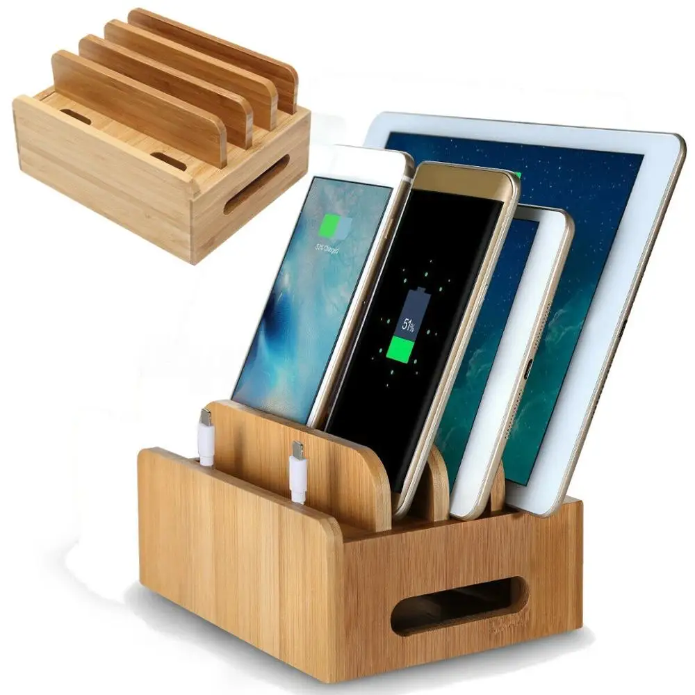 Bamboo Wooden Charging Dock Station Charger Holder Stand for iPhone iPad Kindle mobile phone Desktop Stand Wire management stora