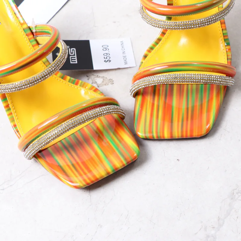 2023 Women 9cm High Heels Mules Slides Square Block Clear Heels Crystal Rainbow Slippers Girls Summer Colorful Fetish Red Shoes