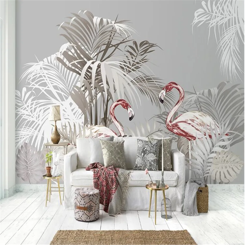 

Milofi custom 3D wallpaper mural Nordic hand-painted tropical plants flamingo palm tree background wall