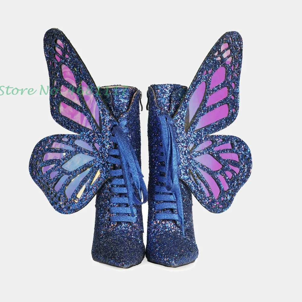 

Big Butterfly Angel Wings Ankle Boots Cross Tied New Chic Sequin Pointed Toe Booties Colorized Bling High Stiletto Heels Shoes