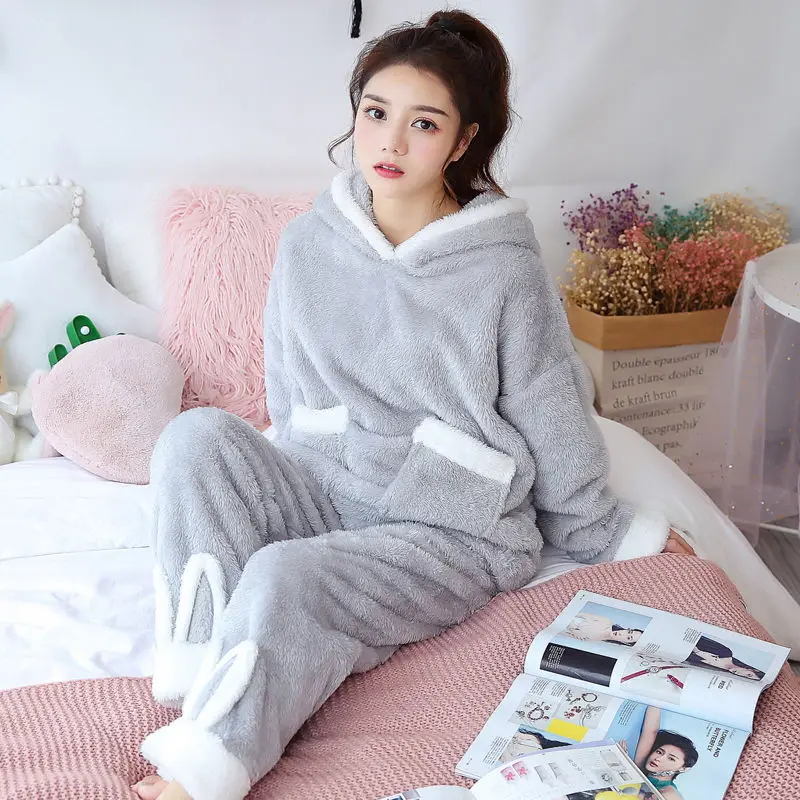 2 Pcs Winter Women Pajamas Sets Sleepwear Long Sleeves Warm Pajama Soft Sleep Suits Pyjamas Cute Animal Female Homewear