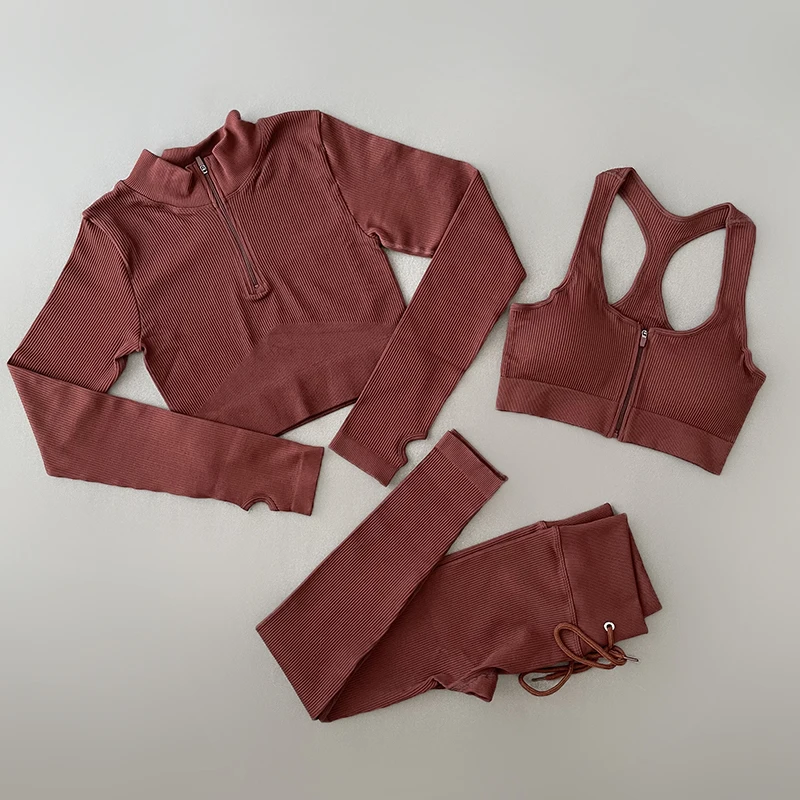 2/3Pcs Women\'s Tracksuit Seamless Ribbed Yoga Set Fitness Long Sleeve Shirts Crop Top Sport Bra High Waist Leggings Gym Clothing