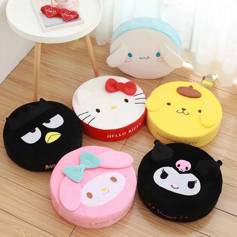 kawaii Kuromi My Melody Cinnamoroll Doll Plush Round Tatami Sit Pads Cushions Portable Washable Stool Home Decor