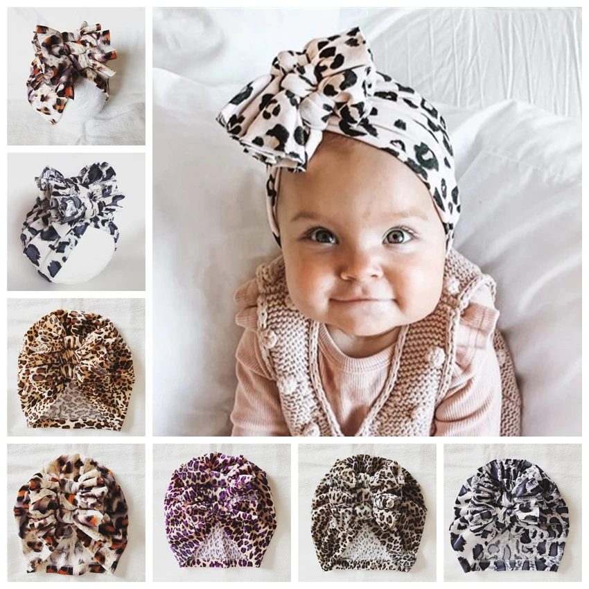 New Leopard Print Knotted Bow Hat Newborn Infant Toddler Turban Baby Girls Beanie Bonnet Cap Hair Accessories Photo Props Gifts