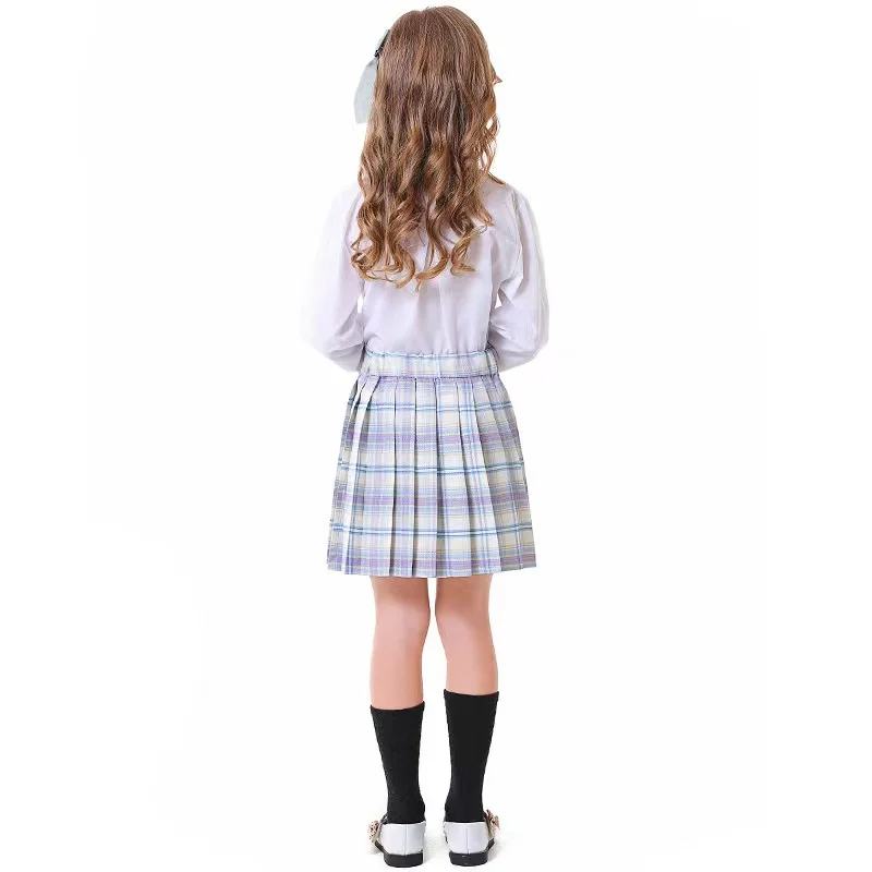 Blauwe Plaid Top + Rokken School Meisje Cosplay Kids Kinderen Halloween Student Uniform Kostuum Carnaval Purim Rollenspel Party Dress