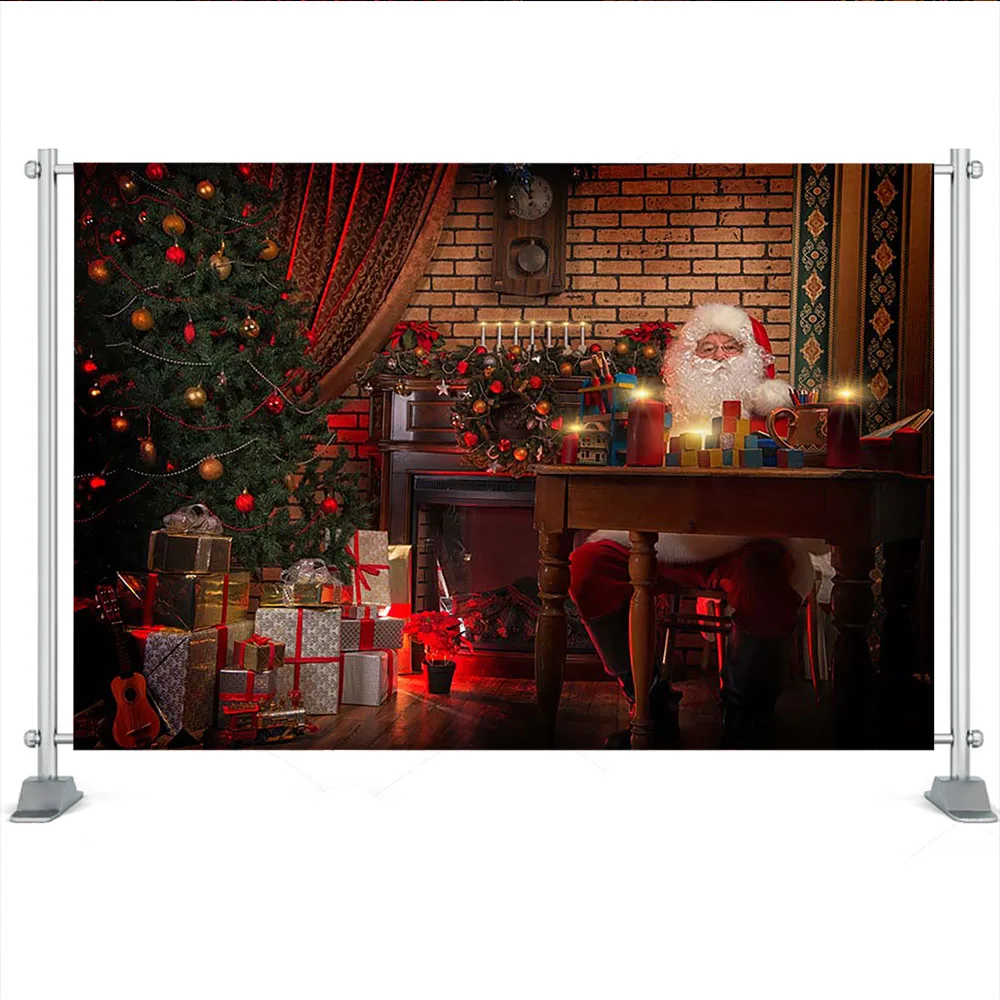 Christmas Santa Claus Photography backdrop Gift Christmas Tree Party Photo background Fireplace Shiny Bells Red Background