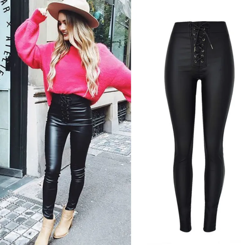 

Faux Leather Sexy Pants Women Elastic Lace Up High Waist Slim Leather High Waist Pants Trousers Leren Broeken Plus Size