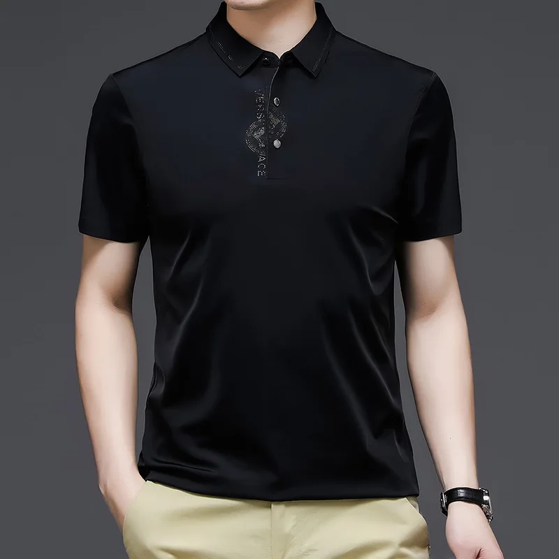 Anti-wrinkle Seamless Men's Solid Polo Shirt Short Sleeve Summer Brand Business Polos Casual Fashion Diamond Print Lapel Top 4XL