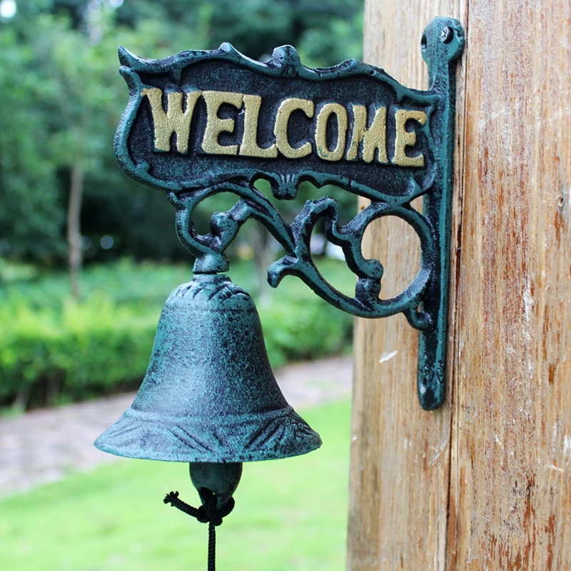 Vintage Cast Iron Hand Cranking Wall Bell With Welcome Signs On In Double Sided And Antique Green Gold Black Rustic Four Colors