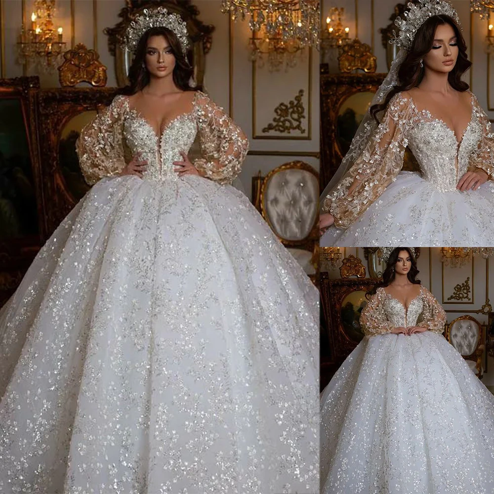 

Floral Arabic Princess Lace Wedding Dresses Sweetheart Long Sleeves Tulle Bridal Dresses Sequined Chapel Vestidos De Novia