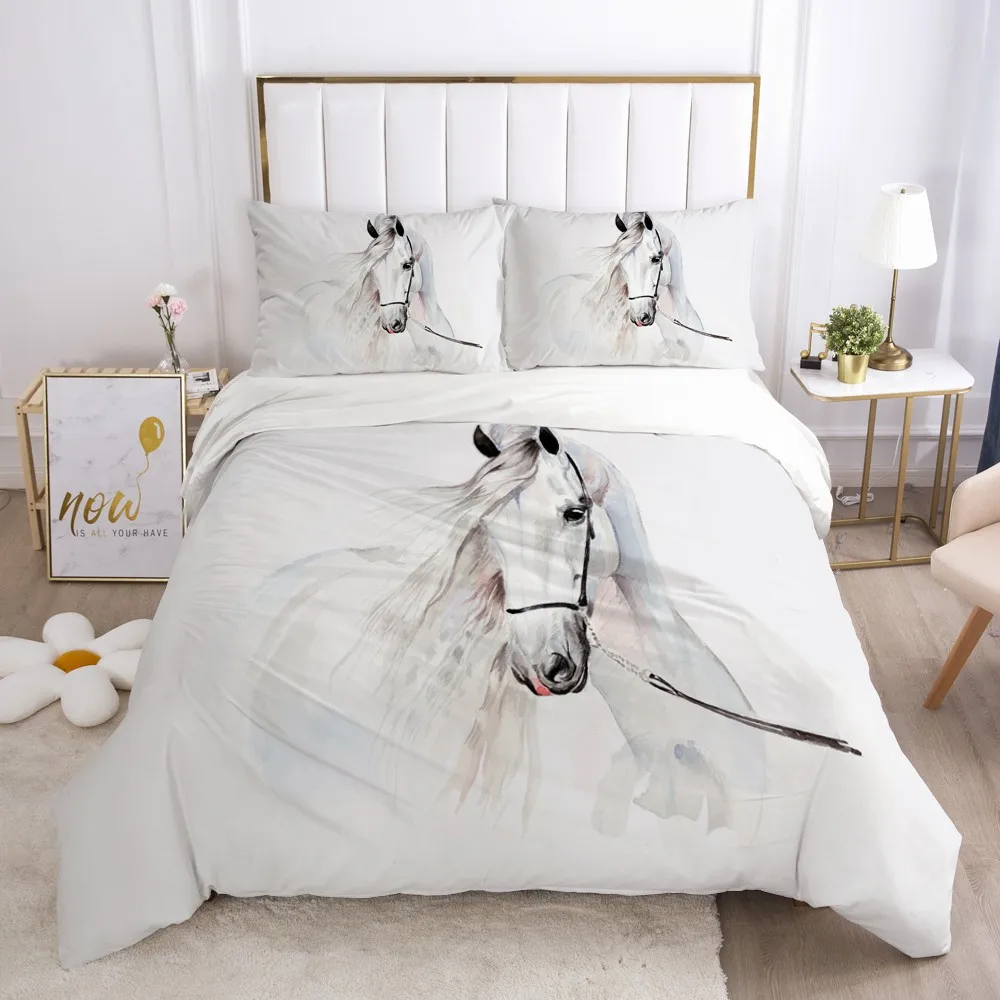 

3D Bedding Sets Duvet Quilt Cover Set Comforter Pillowcase Bed Linen King Queen Full Single Size White Animal Horse Home Texitle