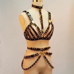 100% Handmade Handcrafted Harness Heavy Duty Gold Leather Bra Choker Top Waist Cincher Belts