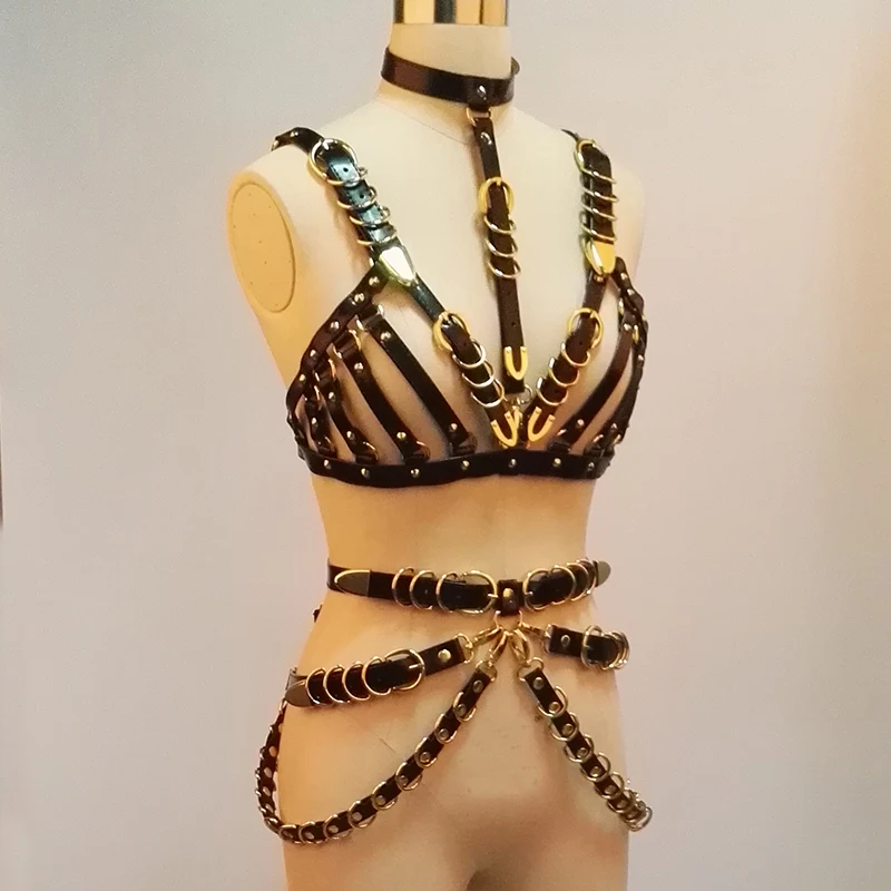 100% Handmade Handcrafted Harness Heavy Duty Gold Leather Bra Choker Top Waist Cincher Belts