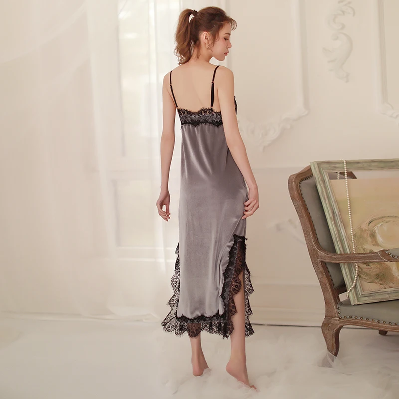 Sexy Gold Velvet Suspenders Deep V Side Split Lace Stitching Long Comfortable Nightdress Nightgown Suit ML 5colors