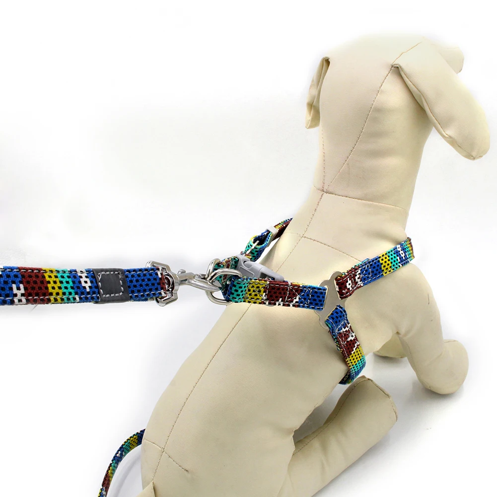 S/M Bohemian Style Breathable Dog Puppy Strappy Vest Harness Leash Reflective Pet Chest Straps Double-layer Canvas Pet Leashes