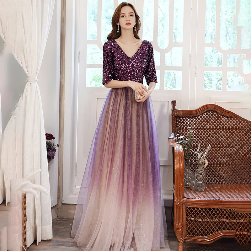 

Sequins Purple Evening Dress Half Sleeves V-Neck A-Line Empire Luxurious Floor-Length Zipper Back Woman Formal Party Gowns A1278