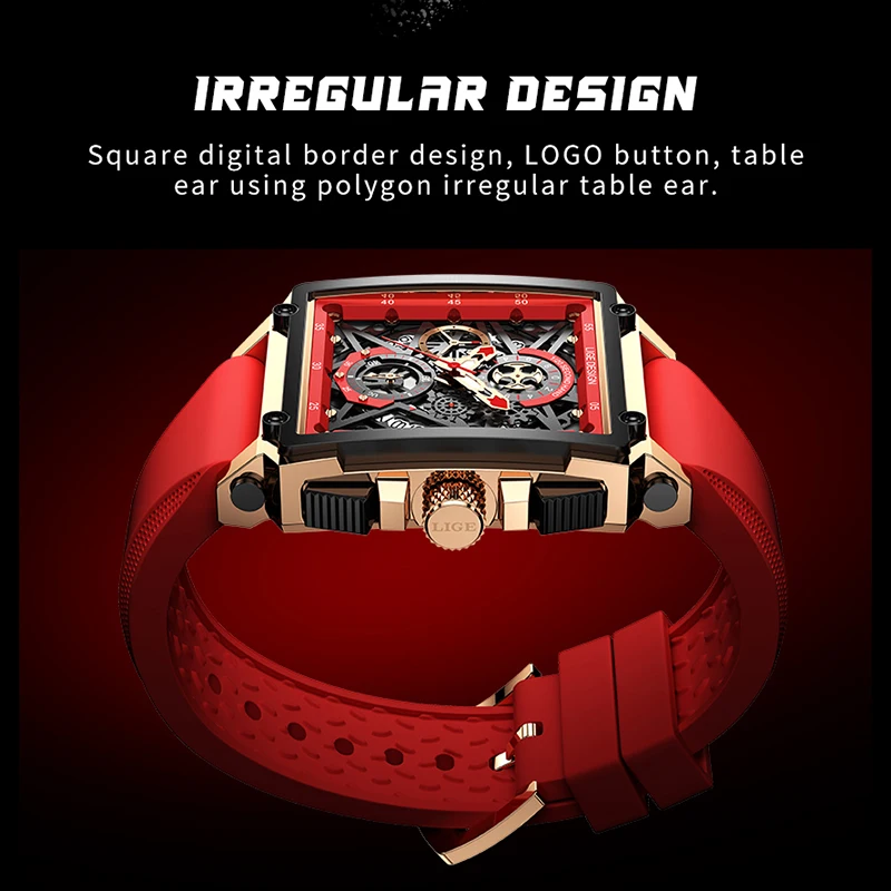 2023 New LIGE Men Watches Top Brand Luxury Hollow Square Sport Watch For Men Fashion Silicone Strap Waterproof Quartz WristWatch