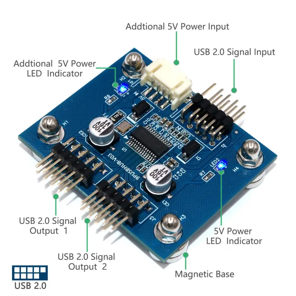 Cable USB 9Pin Motherboard Header Splitter HUB 1 to 2 Extension Cable Adapter 9-Pin Connectors with SATA Power Cable Magnet Foot