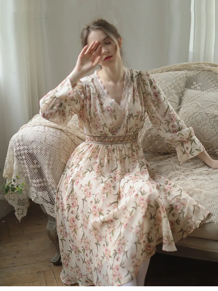 Spring Women Vintage Elegant Lace V-Neck Boho Mori Girl Floral Print Beach Golden Thread Chiffon Long Dress Clothes