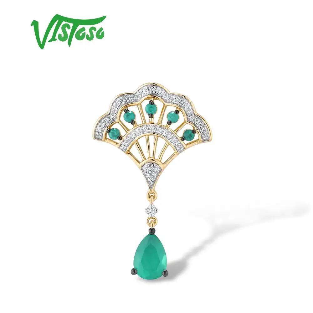 

VISTOSO Gold Pendant For Women Genuine 14K 585 Yellow Gold Magic Emerald Sparkling Diamond Engagement Anniversary Fine Jewelry