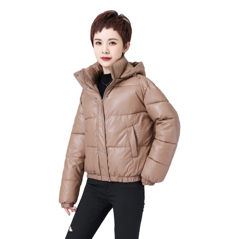 

2022 Winter PU Leather Cotton Padded Jacket Women Full Sleeve Casual Thicken Hooded Coats Women Loose Solid Parkas Female LD2490