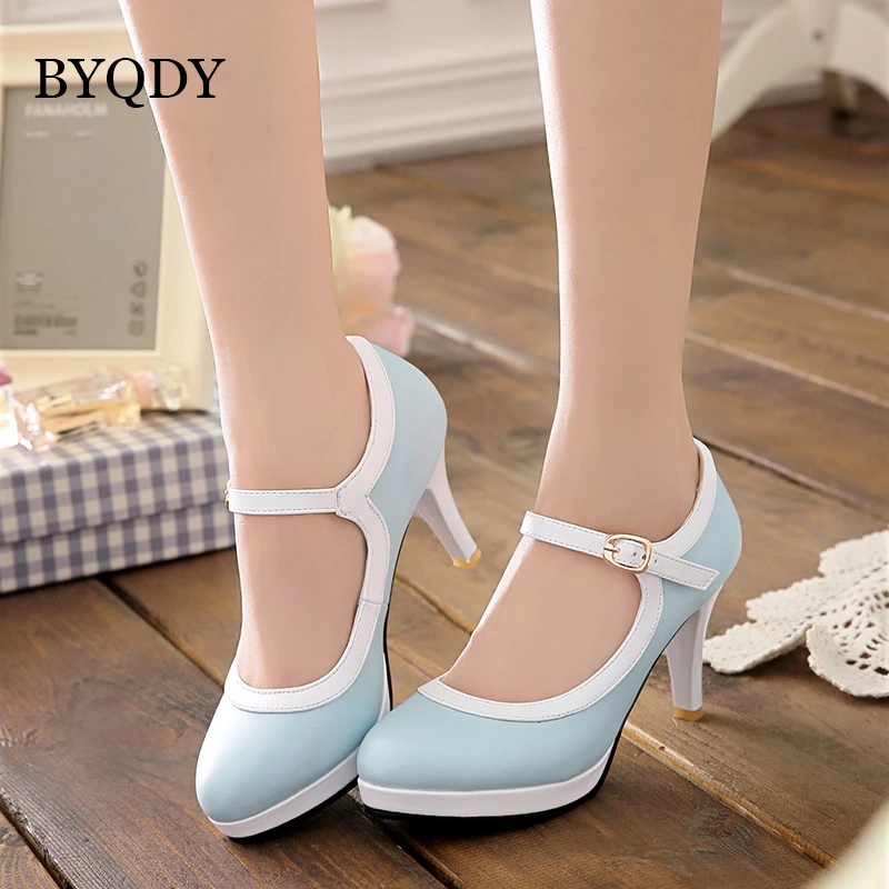 BYQDY Spring Autumn Lolita Wedding Shoes For Woman High Heels Mary Janes Shoes Sweet Heels Buckle Strap Dress USA Shoe Plus Size