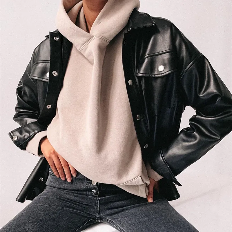 Punk Style Women Autumn Leather Jacket Turn-down Collar Streetwear Cool Jackets Ladies Pocket Oversized Pop Jackets